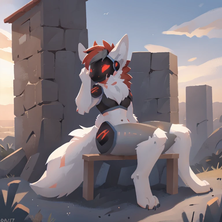 Female Protogen with extremely wide hips, skinny, unhumanly gigantic breasts, extremely humongous thighs, Extremely humongous ass, white hair, white fur, huge White fluffy tail attached to back of pelvis, and reddish highlights. Blue glowing eyes, white fur tufts, front view, wearing Grey armor without ass covering, with just her ass exposed, wearing grey armor as a bra, sitting on her knees with her tail between her legs burying her face into her tail.