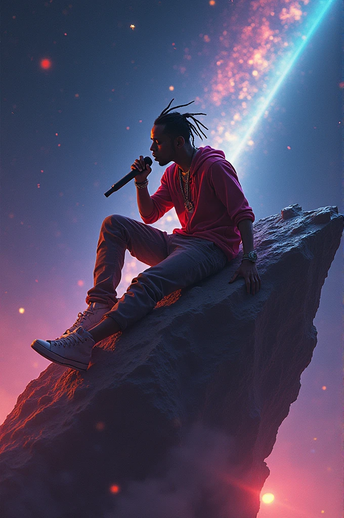 A picture of Travis Scott riding a meteorite with a mic in his hand