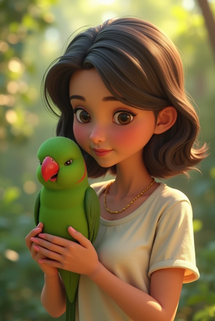3d animation, woman with a normal body, with dark brown hair, holding a small green bird, with a red beak, of the ring neck species Psitaculla krameri