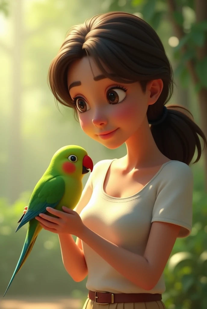 3d animation, woman with a normal body, with dark brown hair, holding a small green bird, with a red beak, of the ring neck species Psitaculla krameri