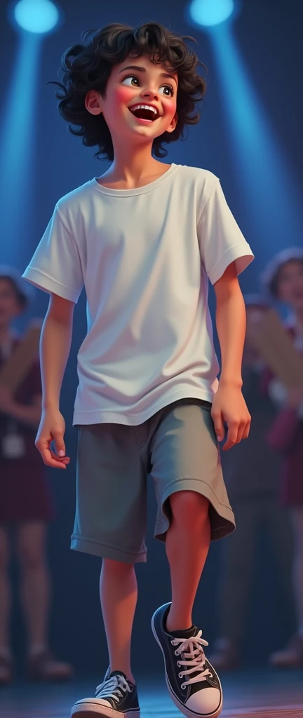 A digital portrait of a cheerful boy with curly hair, wearing a black shirt, happily singing . The character has dark skin and is depicted in a vibrant, cartoon style with a warm and inviting atmosphere. The image captures the essence of joy and energy, focusing on the boy's expressive features and dynamic pose. The artwork should emphasize the playful nature of the character, with attention to detail in the curly hair, lively expression, and the overall concept of a happy and carefree moment.