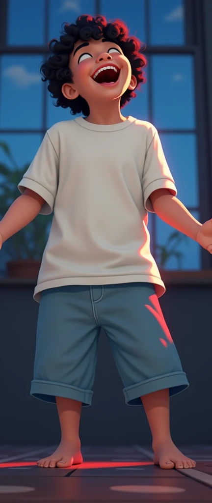 A digital portrait of a cheerful boy with curly hair, wearing a black shirt, happily singing . The character has dark skin and is depicted in a vibrant, cartoon style with a warm and inviting atmosphere. The image captures the essence of joy and energy, focusing on the boy's expressive features and dynamic pose. The artwork should emphasize the playful nature of the character, with attention to detail in the curly hair, lively expression, and the overall concept of a happy and carefree moment.