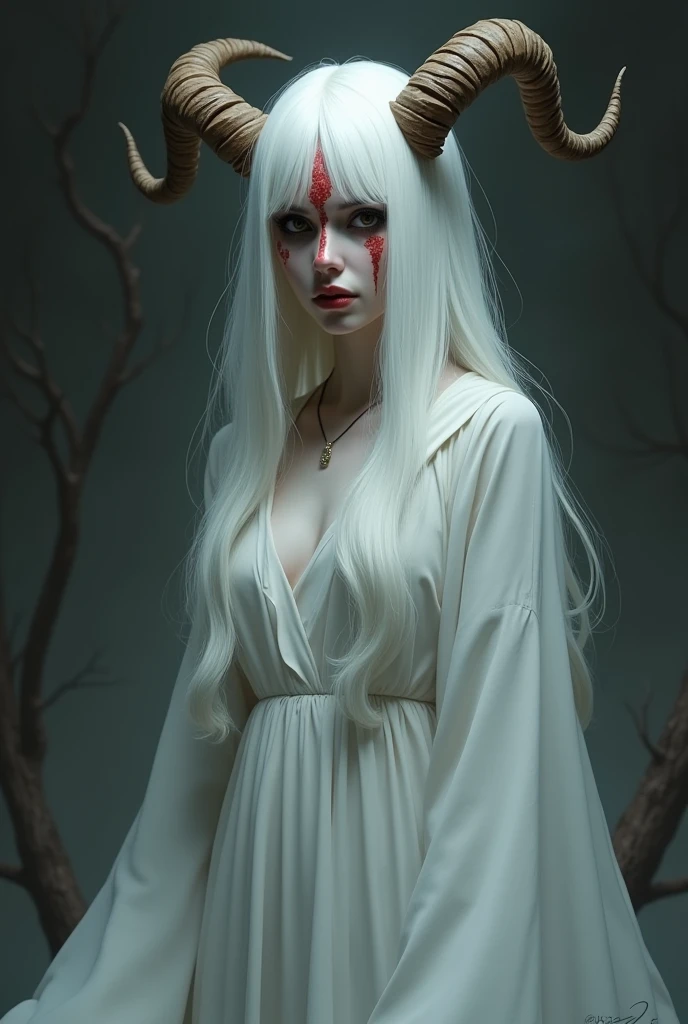 Make me a 2D drawing Ghost princess White hair Wooden horns on her head A red mark on her face White dress Completely black eyes without pupils