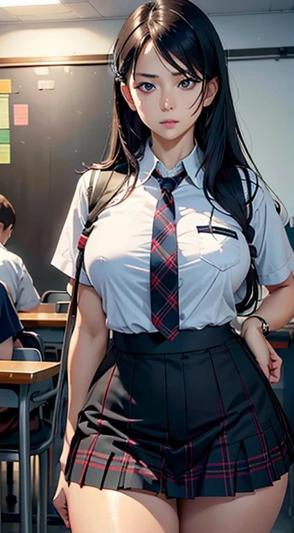 There is a woman in a uniform and a plaid skirt, showing her black panties., artistically gigantic, thighs close up, large thighs, (SFW) Insurance for work, high resolution commission, cushart krenz art key women, Hyperrealistic schoolgirl, closeup of lower body, 2 second, 2b, a Hyperrealistic schoolgirl, thighs!!!, Extremely high detail!!