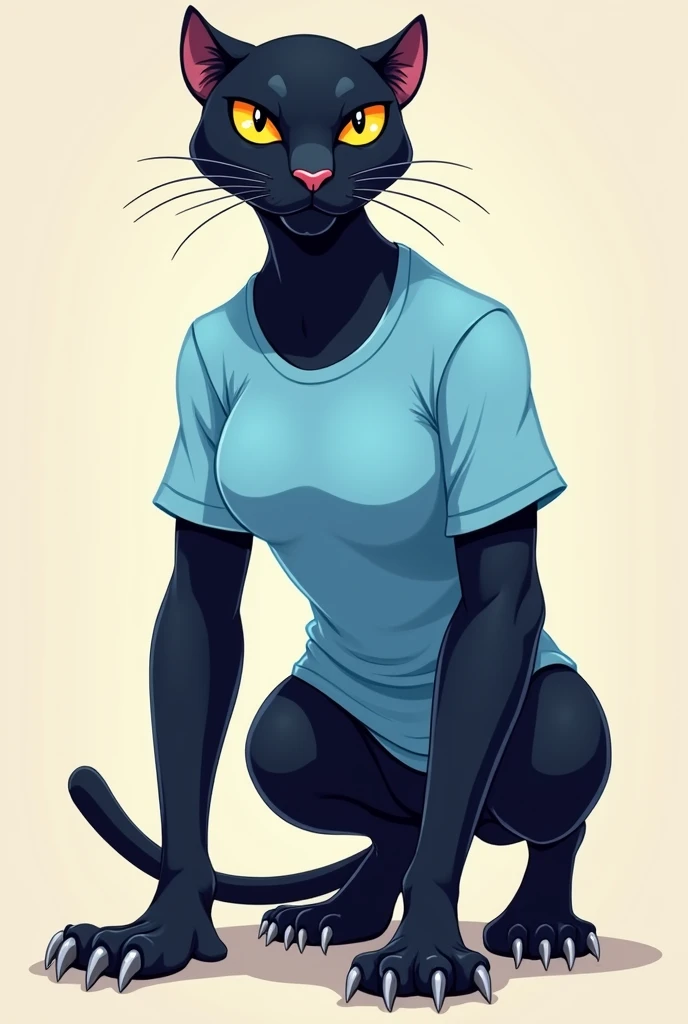 Cartoon female panther with a light blue shirt showing her claws and looking forward