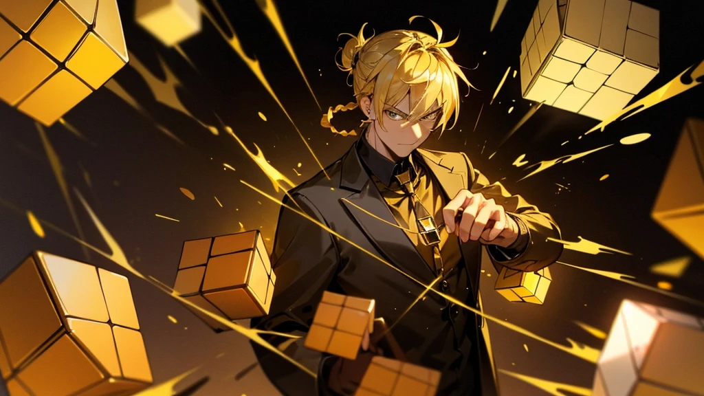 blonde hair, golden eyes, hair tied up into a bun, yellow detailed light from rubiks cube, black jacket, golden shirt, mature male, muscular, serious expression, yellow rubiks cube, red gem necklace