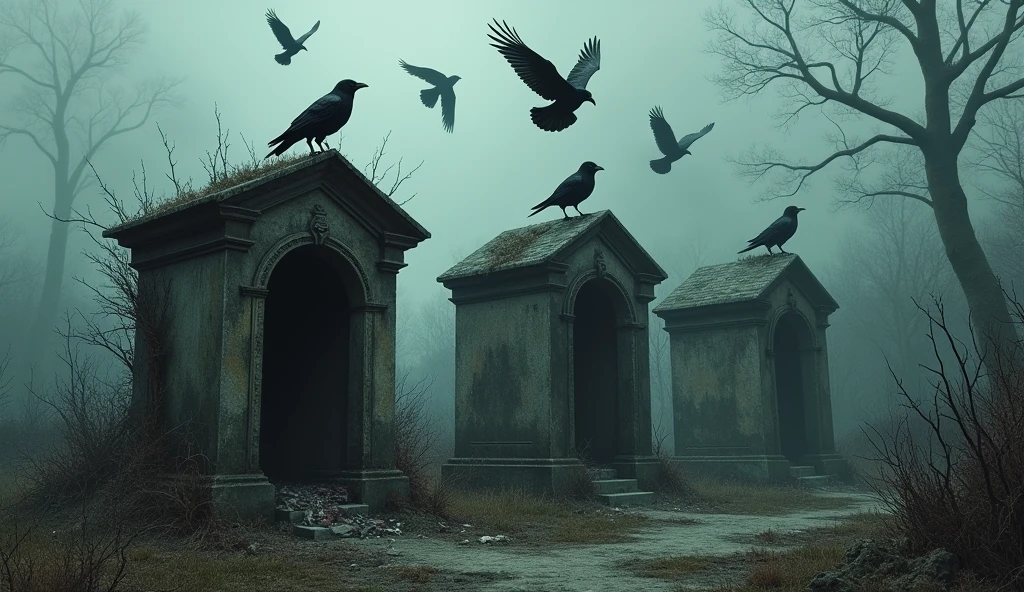 crows flying over and sitting on tombs whose doors are open with rotting hands sticking out of them