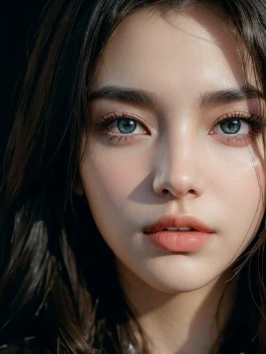 ((No NSFW)), masterpiece, best qualitiy, RAW photos, realisticlying, A high resolution, hyper-detailing, Focus on the face, Detailed eyebrows, realistic beautiful eyes, realistic glossy skin, straight Bangs, ray tracing, realistic movie lighting, detail shaded, high contrast, Slender, Sexy face, Facial expressions when receiving pleasure, curvy body, ((Dark background)), full body cowboy shot of female model.