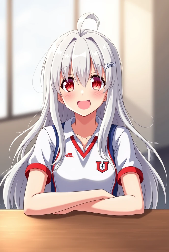 anime girl, U class background.With long, wavy white hair, red eyes and arms crossed on the table in the U sports uniform.And with a smile