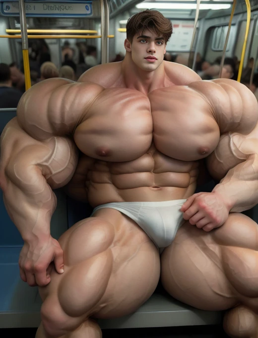 1boy, giant, giant bodybuilder, stand, warm light, strong body, bulk, large size, staring, sitting in subway train, cramped subway train, open legs, nude, white triangular underwear, prominent bulge, extraordinary big, brutalmass, giant, muscular body, bulk, buff, massive body, large meaty body size, extremely wide body