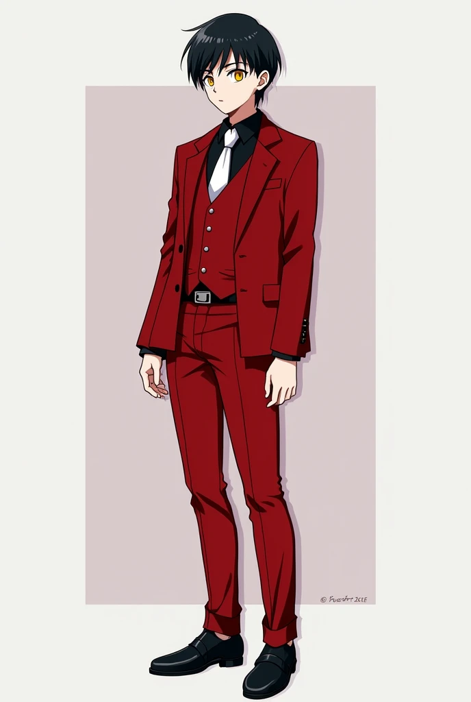 Create an image of a 30-year-old anime-style character, skin fair, has short, neat black hair, the iris of your eyes is yellow, and his clothes are a black dress shirt, red vest, white tie, red jacket, red pants, black dress shoes, small silver hoop earrings and eyebrow piercing
