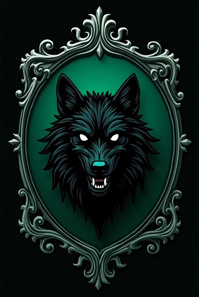 The emblem of the Necromancy faculty at Hogwarts. The color is dark green, the emblem has a black wolf with a grin. Wolf's eyes are white. The wolf should be drawn precisely in outline, as a symbol, not too realistic. The symbolism of necromancy. Coat of arms in a beautiful frame. Sterious mysterious gloomy vibes.