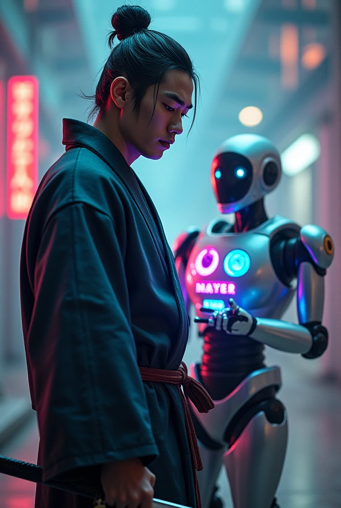 A Japanese man holding a sword With a robot holding the Netflix streaming logos in neon red,crunchyroll em laranja neon, Hbo max in neon purple, disney+ in neon blue