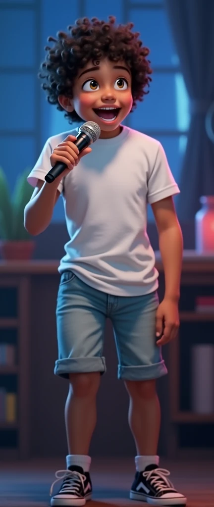 A digital portrait of a cheerful boy with curly hair, wearing a black shirt, happily singing . The character has dark skin and is depicted in a vibrant, cartoon style with a warm and inviting atmosphere. The image captures the essence of joy and energy, focusing on the boy's expressive features and dynamic pose. The artwork should emphasize the playful nature of the character, with attention to detail in the curly hair, lively expression, and the overall concept of a happy and carefree moment.