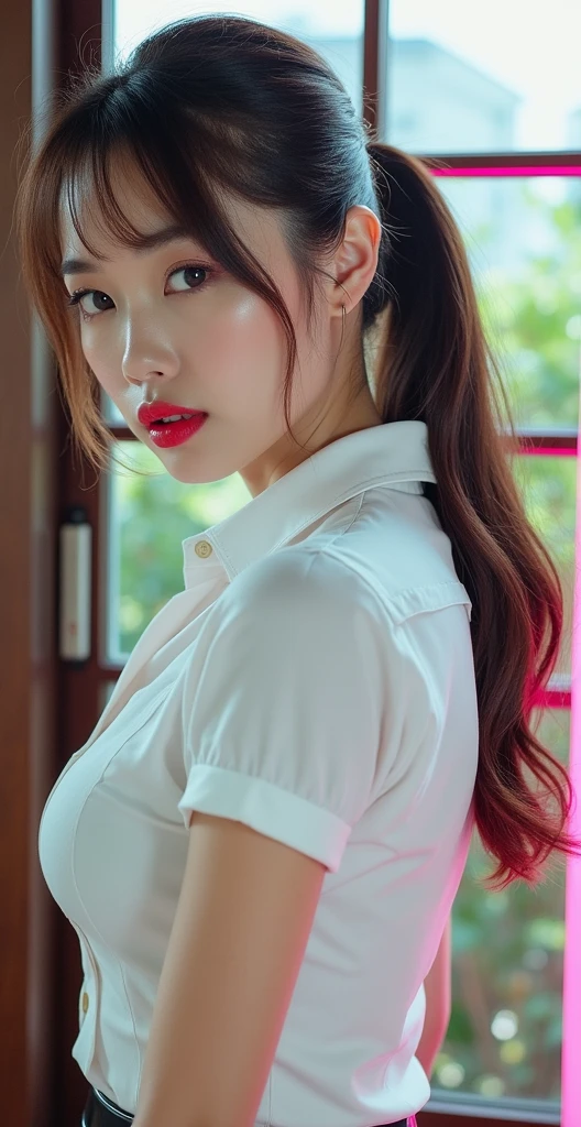((Japanese Sexy)) Mature Woman ((Plump, Red lips with lipstick)) Very big bigger than a face Duck mouth ((Short brown hair with bangs)) ((Looking into the camera)) Sit with your legs apart ((White button shirt and black enamel tight skirt)) Low angle shot of a person standing facing forward Looking down ((A bedroom with shoji screens and tatami tatami lit up with pink neon lights))
