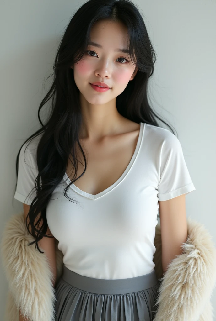 ((Highest quality)), ((masterpiece)), (detailed), Perfect Face, Beautiful Japanese Woman, White T-shirt, Fascinating, Face and body focus, (Large Breasts) , Grey pleated skirt, Fluffy fur hood, Realistic, photograph, Shiny blouse, blush, smile