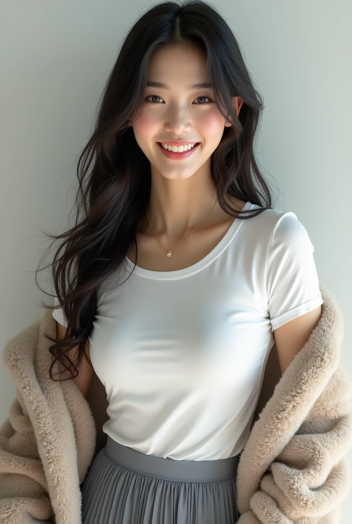 ((Highest quality)), ((masterpiece)), (detailed), Perfect Face, Beautiful Japanese Woman, White T-shirt, Fascinating, Face and body focus, (Large Breasts) , Grey pleated skirt, Fluffy fur hood, Realistic, photograph, Shiny blouse, blush, smile