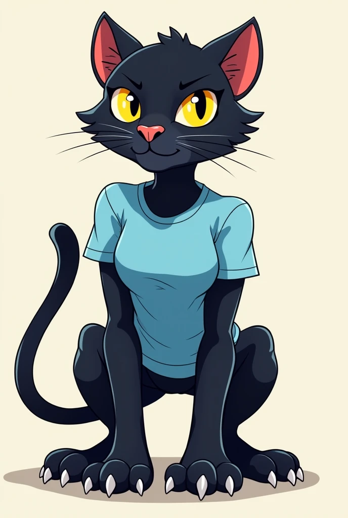 Cartoon female panther with a light blue shirt showing her claws and looking forward
