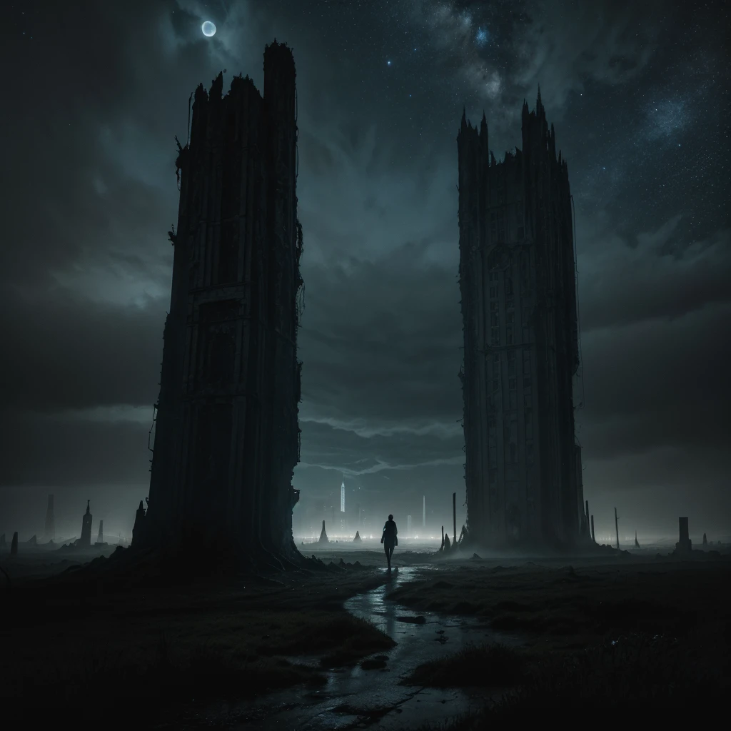 "generate a dark and eerie landscape in the style of H.P Lovecraft. The scene shows an ancient, decaying city with towering, non-Euclidean structures under a sky filled with swirling, dark clouds and faint stars. The admosphere is dense with mist, and shadows loom over the alien architecture, giving a sense of cosmic dread. In the distance, strange silhouettes move, barely visible, adding to the unsettling feeling."