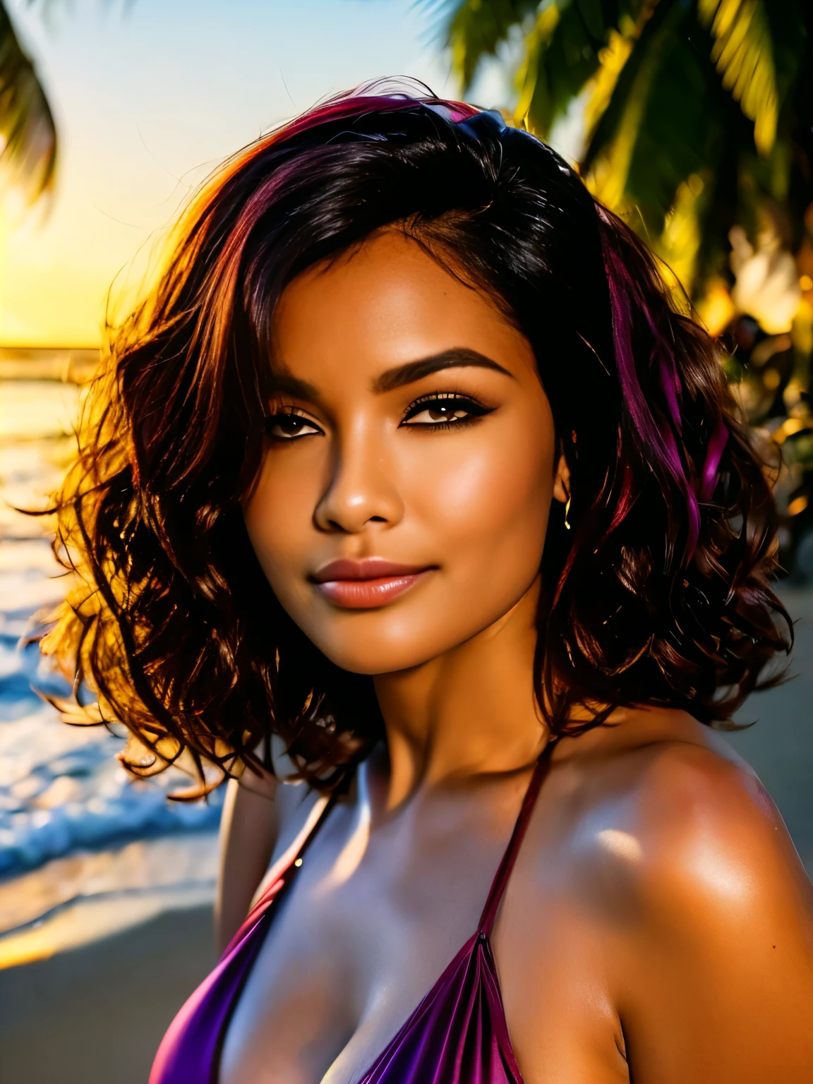 a beautiful curly-haired woman with burgundy hair color, mature 60-year-old woman, wearing a floral bikini, standing tall at the beach, detailed facial features, beautiful eyes and lips, high quality, photorealistic, studio lighting, HDR, vibrant colors, golden hour lighting