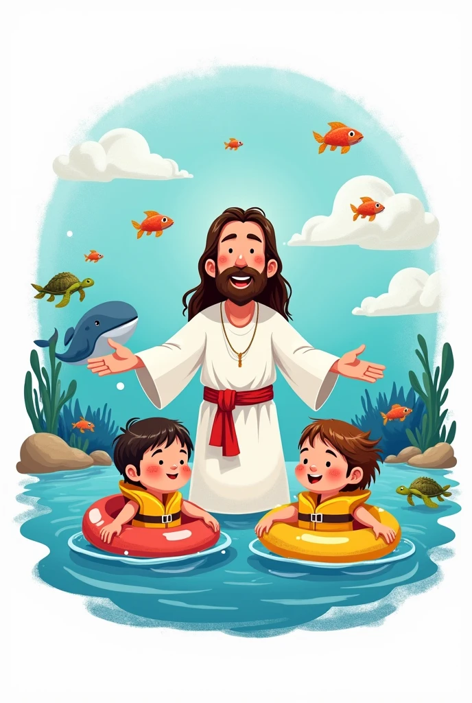 Create a written shirt art : Jesus our lifesaver. DRAWING of JESUS in the sea, with 2 cute kids with float, put fish, whale and turtles.
  I WANT ALL THE ART IN CARTOON White background