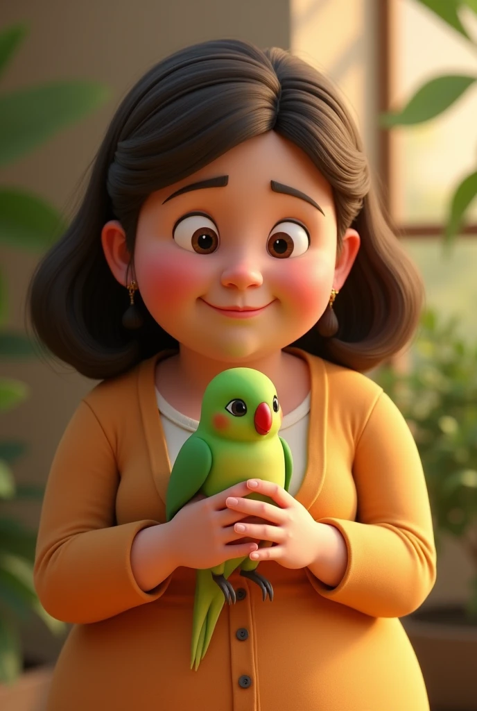 3d animation, chubby woman, with dark brown hair, holding a small green bird, with a red beak, of the ring neck species Psitaculla krameri