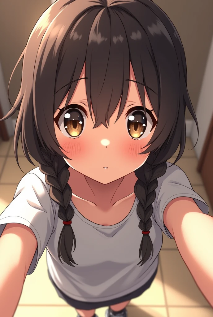 Long dark brown hair, manga style, detailed, 1girl, selfie style, self shot, dread locs, short, flat chested, small, anime girl, shy, innocent expression, short skirt, skinny, T-shirt and sneakers, feminine, small,  tan skin, dark light-skin 