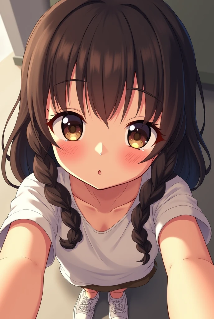 Long dark brown hair, manga style, detailed, 1girl, selfie style, self shot, dread locs, short, flat chested, small, anime girl, shy, innocent expression, short skirt, skinny, T-shirt and sneakers, feminine, small,  tan skin, dark light-skin 