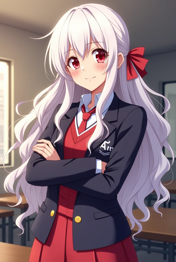 anime girl, U class background.Ade Boku no hero academia long wavy white hair red eyes and with arms crossed on the table in the U sports uniform.And with a smile