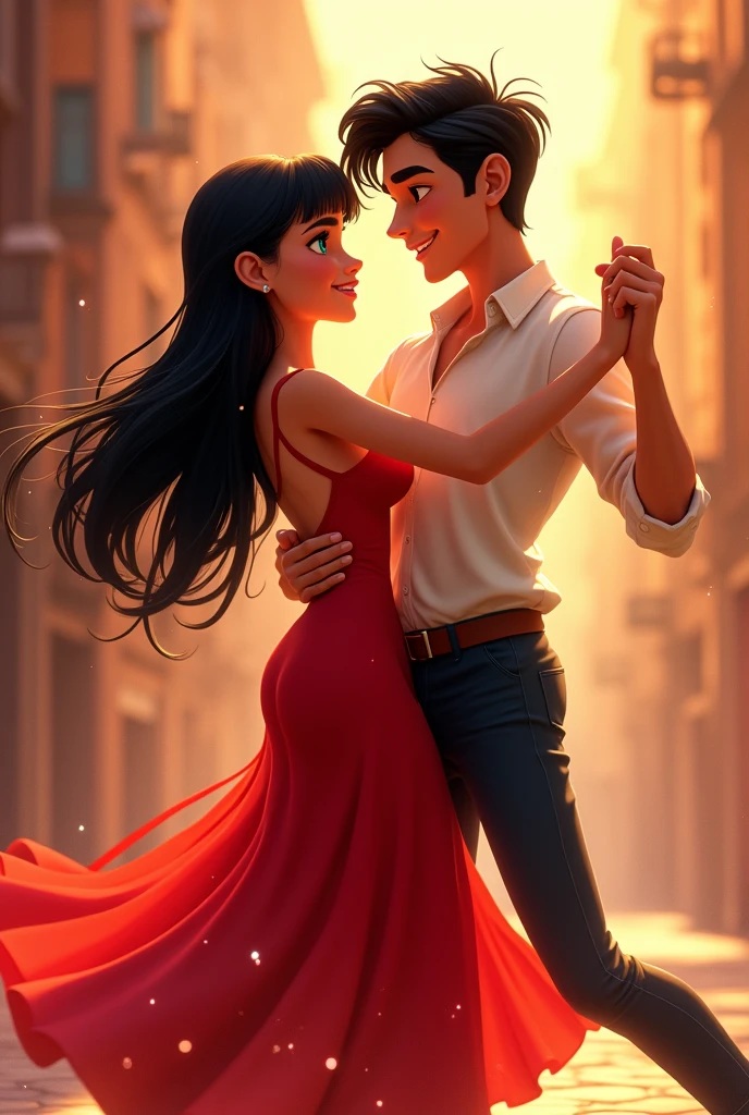 C'est la photo d'une jeune fille avec des cheveux noirs et une frange Dora et des yeux marron dans une robe rouge entrain de danser avec un jeune homme au cheveux noir et aux yeux turquoise Version pixar 2d