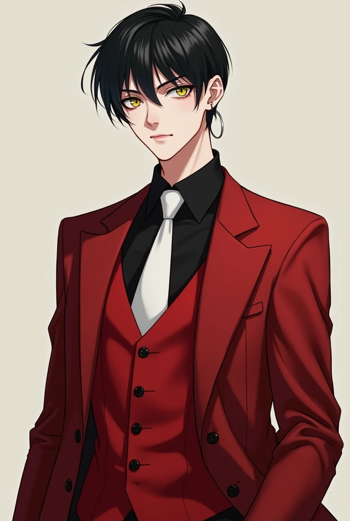 Create an image of a 30-year-old character, skin fair, has short, neat black hair, the iris of your eyes is yellow, and his clothes are a black dress shirt, red vest, white tie, red jacket, red pants, black dress shoes, small silver hoop earrings and eyebrow piercing