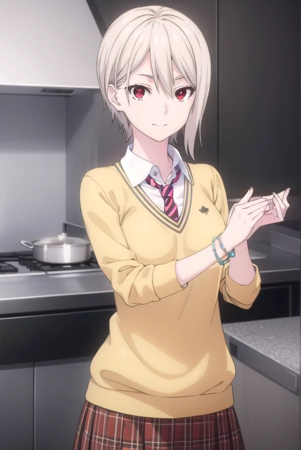 alicenakiri, alice nakiri, short hair, (red eyes:1.3), white hair, hair between eyes, smile,
BREAK skirt, shirt, jewelry, school uniform, pleated skirt, necktie, striped, bracelet, sweater, plaid, plaid skirt, striped necktie, white shirt, collared shirt, (light brown sweater:1.2),
BREAK indoors, kitchen,
BREAK looking at viewer, (cowboy shot:1.5),
BREAK (masterpiece:1.2), best quality, high resolution, unity 8k wallpaper, (illustration:0.8), (beautiful detailed eyes:1.6), extremely detailed face, perfect lighting, extremely detailed CG, (perfect hands, perfect anatomy),