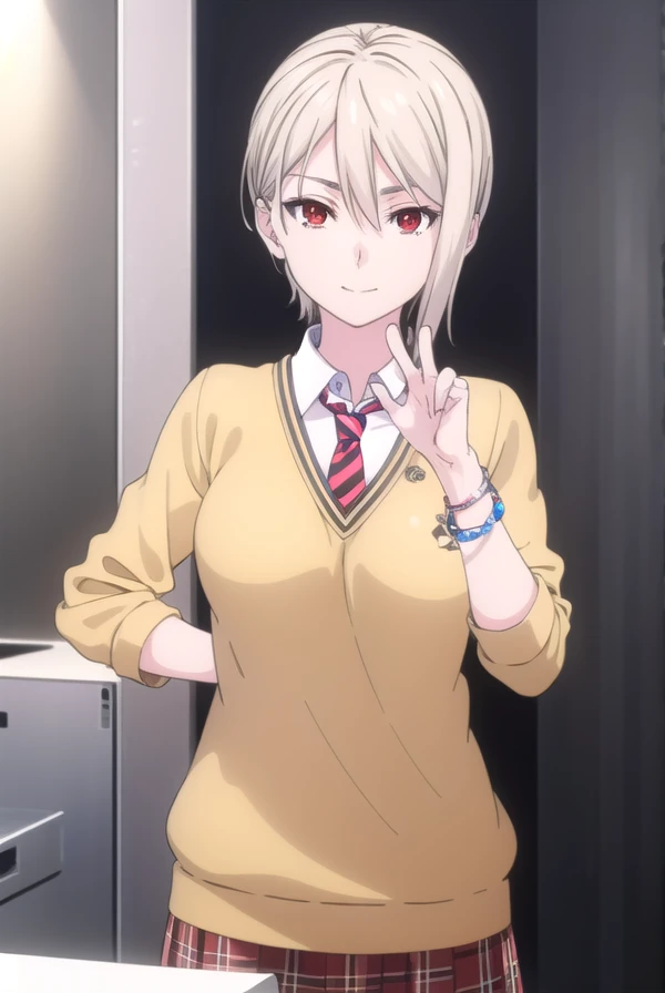 alicenakiri, alice nakiri, short hair, (red eyes:1.3), white hair, hair between eyes, smile,
BREAK skirt, shirt, jewelry, school uniform, pleated skirt, necktie, striped, bracelet, sweater, plaid, plaid skirt, striped necktie, white shirt, collared shirt, (light brown sweater:1.2),
BREAK indoors, kitchen,
BREAK looking at viewer, (cowboy shot:1.5),
BREAK (masterpiece:1.2), best quality, high resolution, unity 8k wallpaper, (illustration:0.8), (beautiful detailed eyes:1.6), extremely detailed face, perfect lighting, extremely detailed CG, (perfect hands, perfect anatomy),