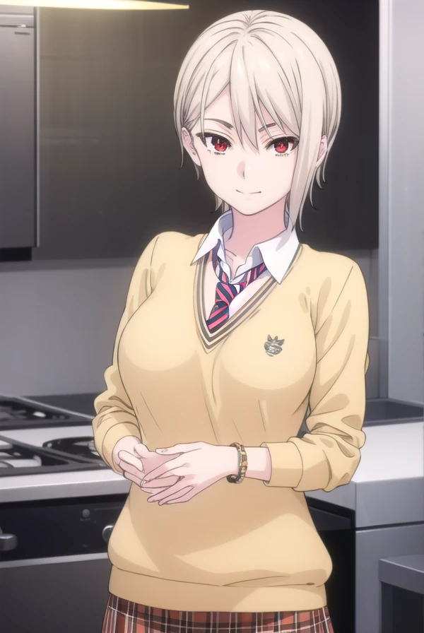 alicenakiri, alice nakiri, short hair, (red eyes:1.3), white hair, hair between eyes, smile,
BREAK skirt, shirt, jewelry, school uniform, pleated skirt, necktie, striped, bracelet, sweater, plaid, plaid skirt, striped necktie, white shirt, collared shirt, (light brown sweater:1.2),
BREAK indoors, kitchen,
BREAK looking at viewer, (cowboy shot:1.5),
BREAK (masterpiece:1.2), best quality, high resolution, unity 8k wallpaper, (illustration:0.8), (beautiful detailed eyes:1.6), extremely detailed face, perfect lighting, extremely detailed CG, (perfect hands, perfect anatomy),