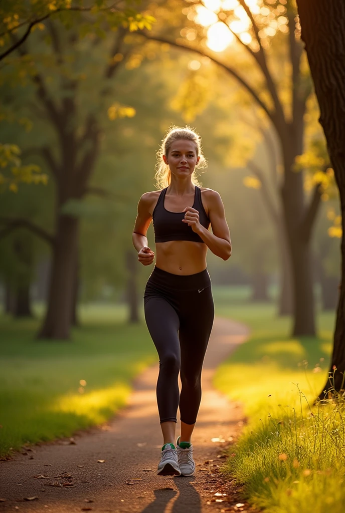 Femme blonde en tenue de sport, courant dans un parc au lever du soleil, entourée d'arbres verdoyants et de chemins sinueux.