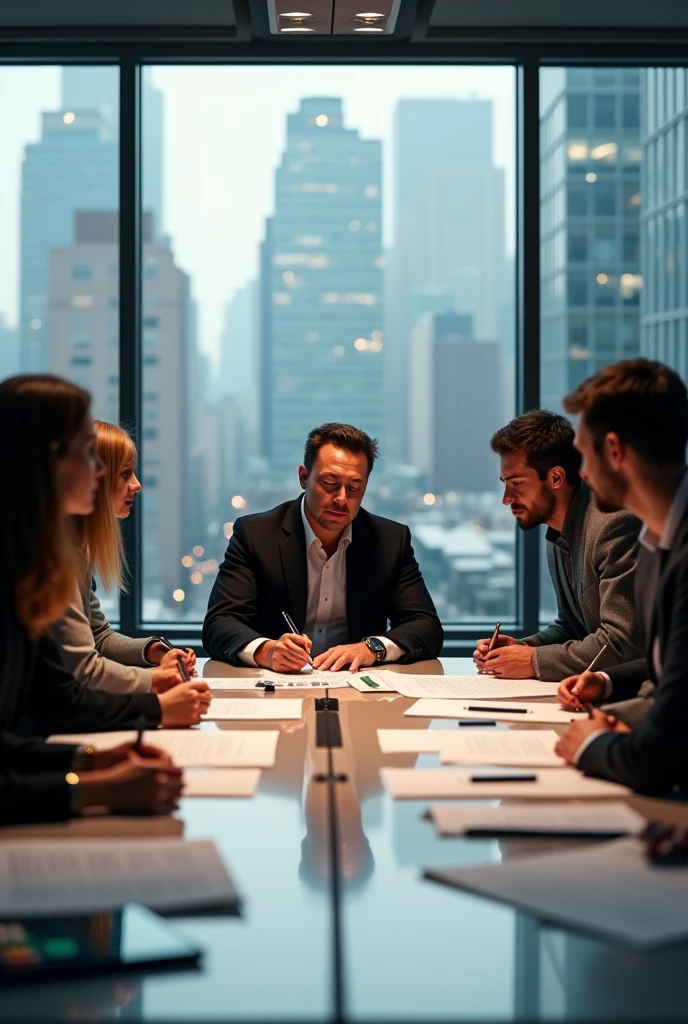 Elon Musk rédigeant un projet entouré de collaborateurs