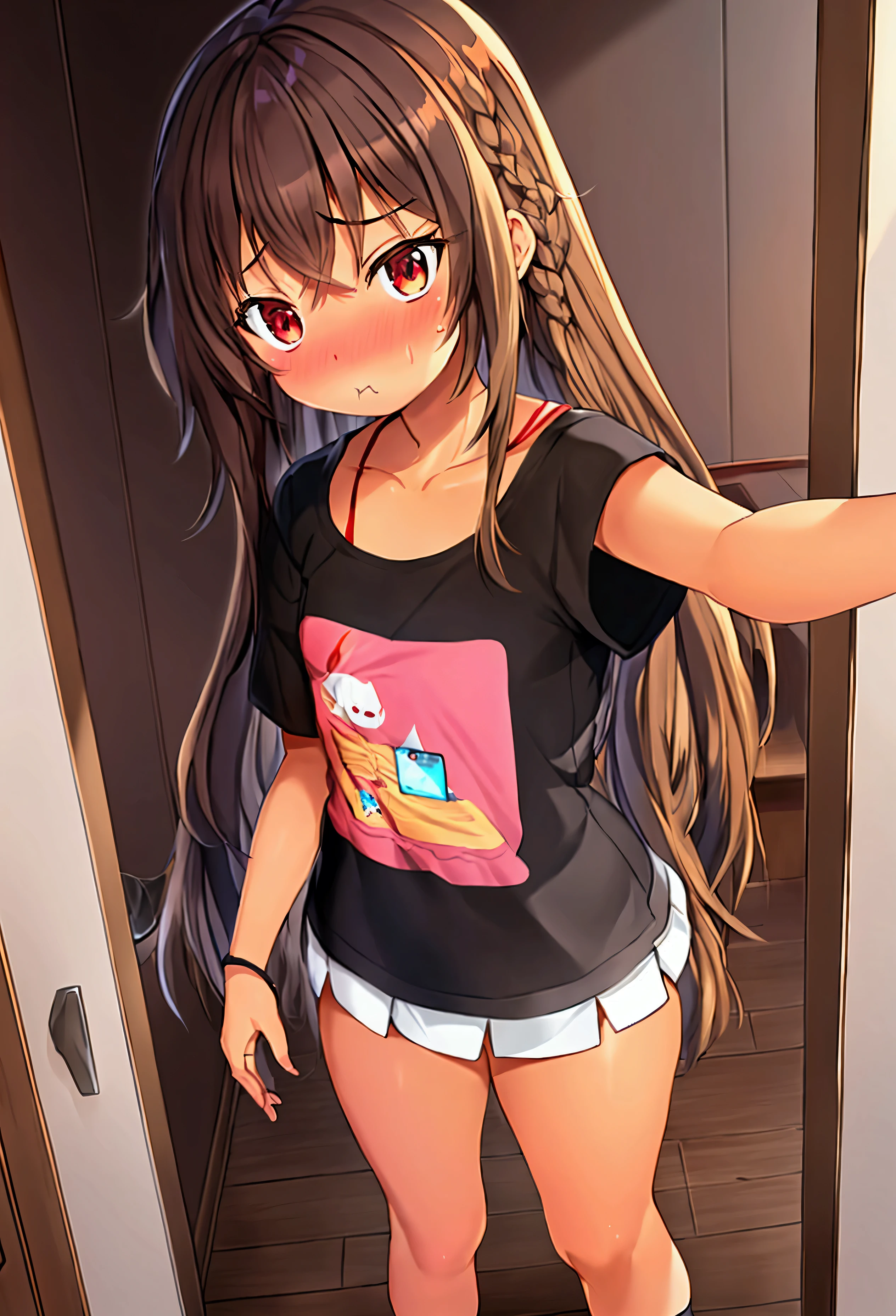 Long dark brown hair, manga style, detailed, 1girl, selfie style, self shot, dread locs, short, flat chested, small, anime girl, shy, innocent expression, short skirt, skinny, T-shirt and sneakers, feminine, small, tan skin, dark light-skin in the style of manga, pretty dark skin, light brown skin, tan skin, innocent expression, cute sad pout