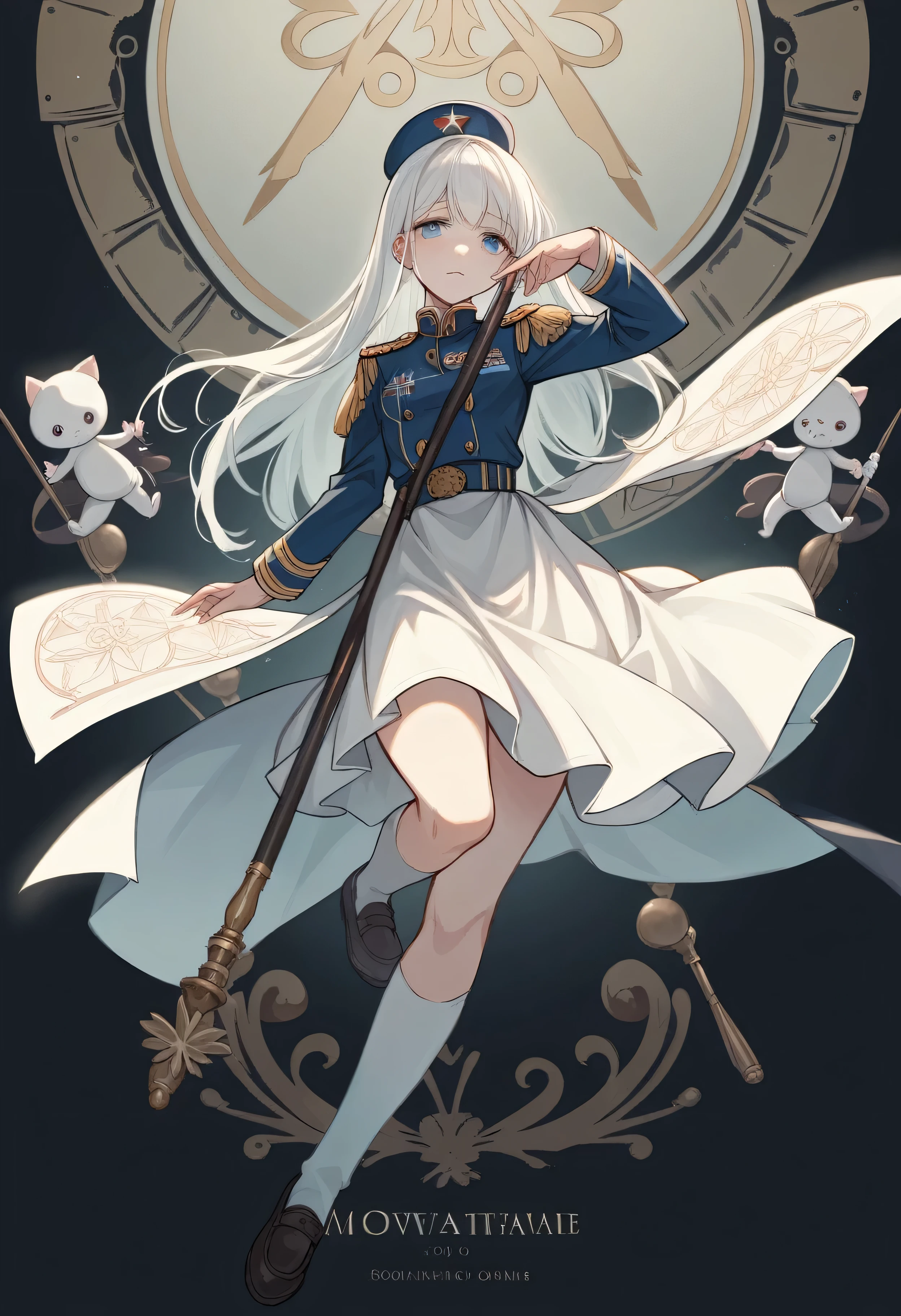 (Highest Resolution, clear_image), Highest quality, masterpiece, Very detailed, Semi-realistic, Beautiful illustrations, Cute , (Conversion Sequence), White military uniform, Military uniform and skirt,White knee-high socks,Russia, White girl, Tarot Cards(trial), albino, Baby Face, Pure white semi-long hair, Beautiful and exquisite blue eyes, Cinema Lighting, Carries a large staff resembling a balance scale, View your viewers, from the front, Are standing,whole body,whole body立ち絵,1 person