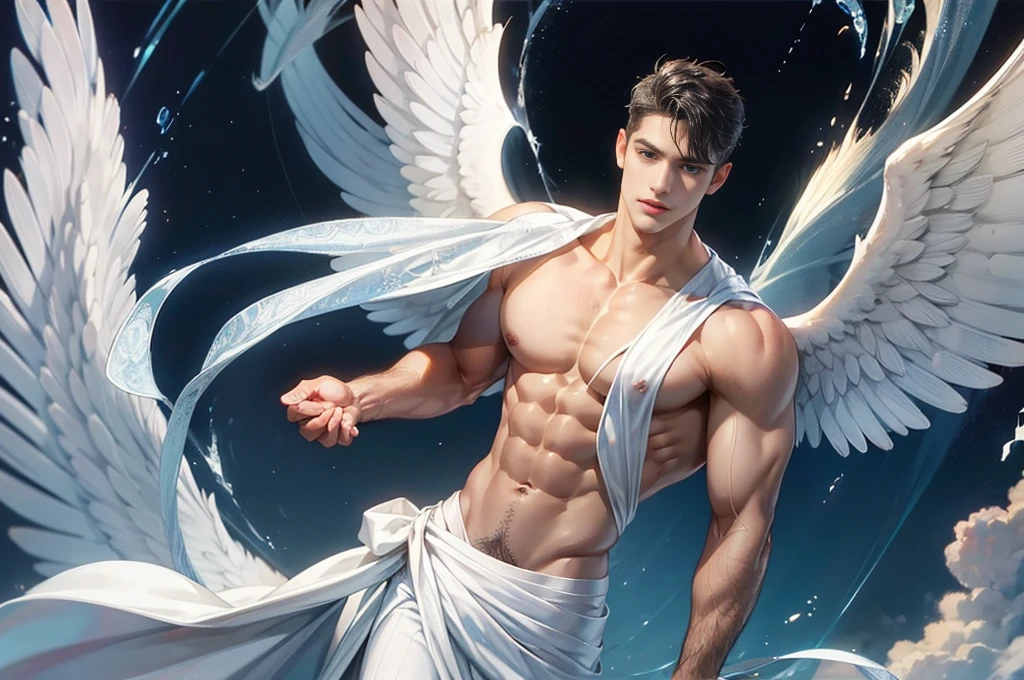 1 man, alone, Handsome guy, Latin mulatto skin, attractive features, tan skin tone, dark blue eyes, friendly expression, huge white wings coming out of his back, 2 angel wings, Physical aptitude, medium length men's haircut, black brown hairstyle, small beard, athletic physique, slender, no body hair, without using anything, completamente naked , realist, completamente naked, naked, perfect , male , correct male scrotum, perfect scrotum, male structure, correct male genitelia, huge and veiny male genitalia, hard male genitalia, erect male genitalia, full body tattoos. EMOTION: greet, Environment: battlefield