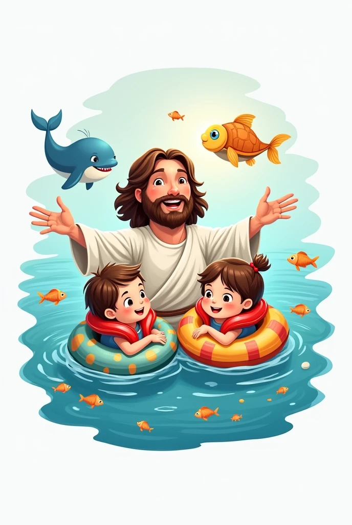 Create a written shirt art : Jesus our lifesaver. DRAWING of JESUS in the sea, with 2 cute with float, put fish, whale and turtles.
I WANT ALL THE ART IN CARTOON White background