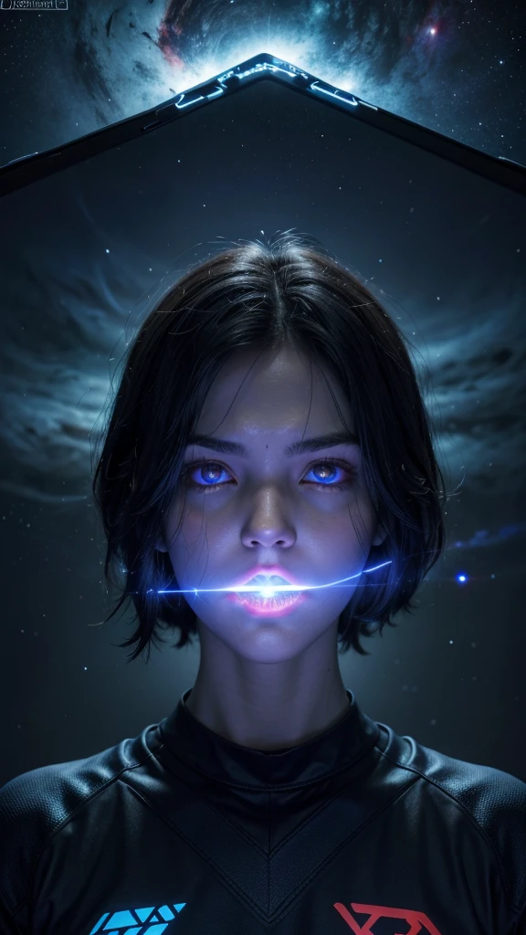 e-sports jersey, dark blue, realistic hydra with glowing red eyes, multiple heads, number e as a glowing core, cosmic background, stars, nebula, cyberpunk elements