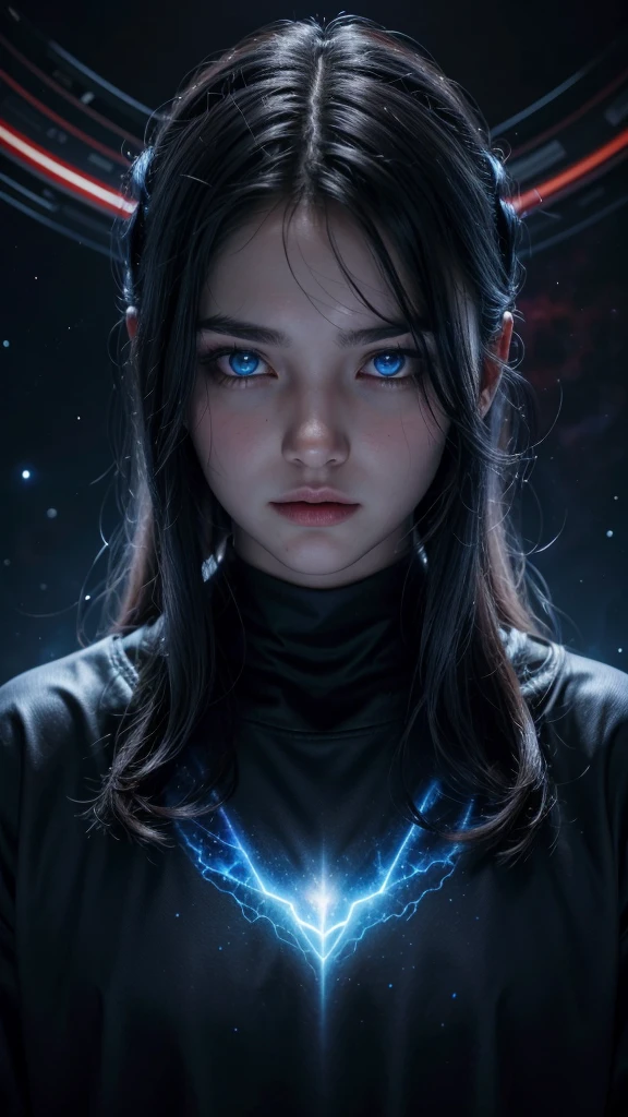 e-sports jersey, dark blue, realistic hydra with glowing red eyes, multiple heads, number e as a glowing core, cosmic background, stars, nebula, cyberpunk elements
