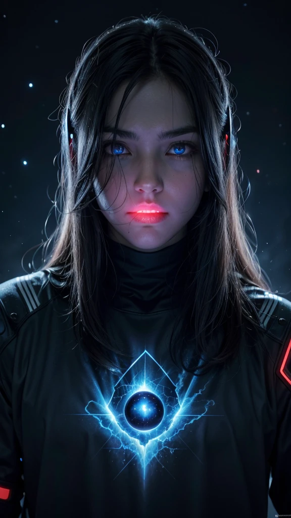 e-sports jersey, dark blue, realistic hydra with glowing red eyes, multiple heads, number e as a glowing core, cosmic background, stars, nebula, cyberpunk elements