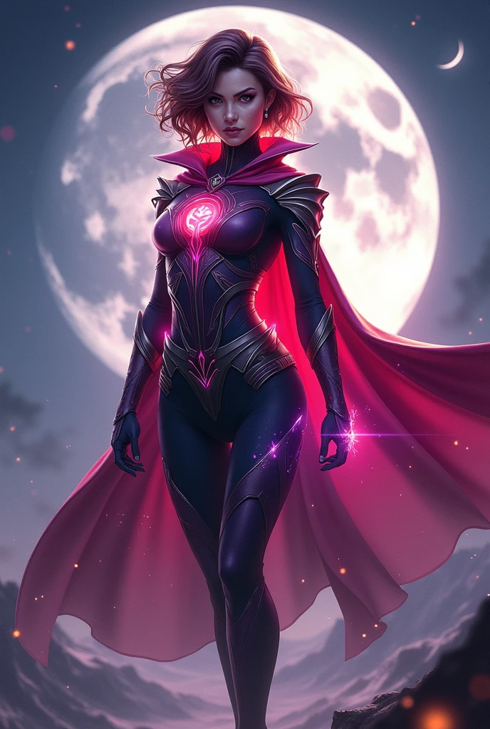 A woman with short, voluminous hair, mobile legends lunox style outfit , has the power of Wanda from Avengers , Mobile legends bang bang style moon scenery