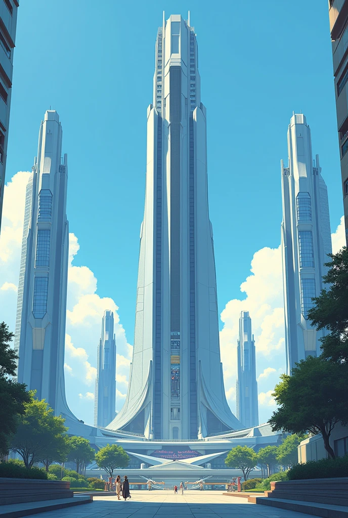 A panoramic of a cyberpunk futuristic high building, sleek design, modern touch, cyberpunk, future, centered, high quality, high detailed, sega dreamcast bitmap image, cover art style, award winning ilustration, day time, serene environment, cartoonic style, painterly touch