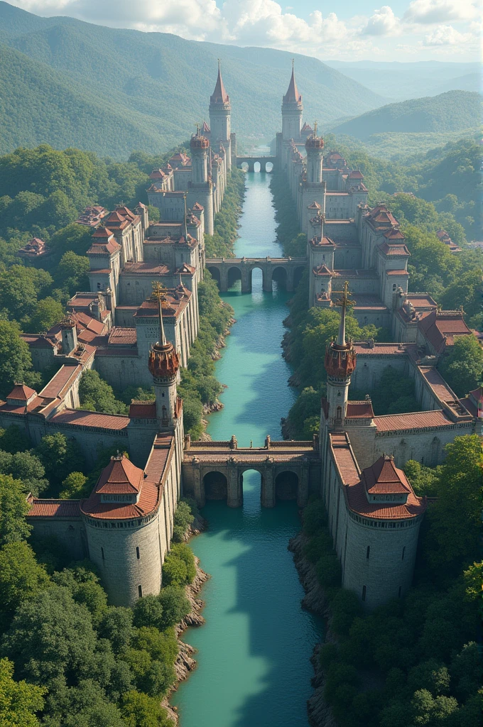 Four aluminum towers rise from its walls flanking seven gates of the spring drawbridge that crosses the moat whose water feeds four green canals that cross the city and divide it into nine neighborhoods., Each of three hundred houses and seven hundred chimneys