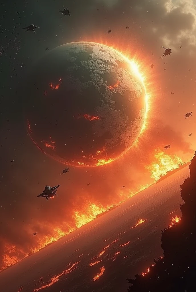 Planet Earth on fire, crashing into the moon with an alien invasion, with a large hurricane category 5 fire