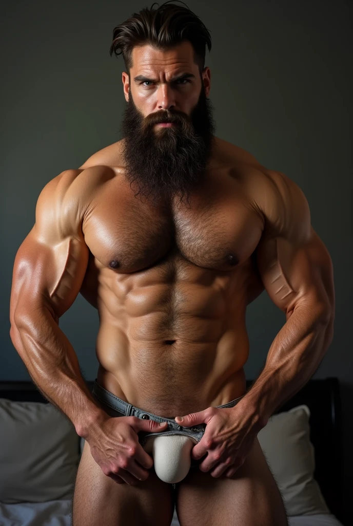 Big dick bearded muscle hunk daddy jerking off his cum

