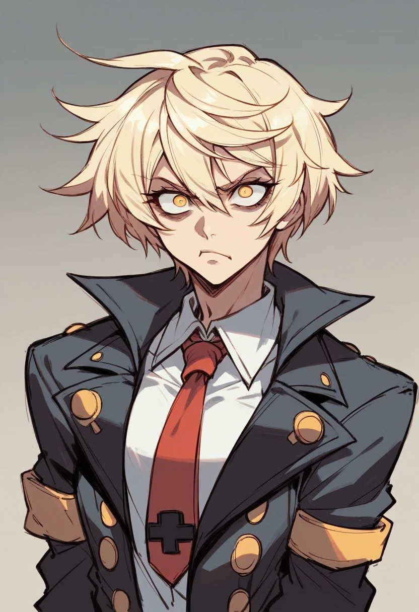 Guilty Gear style,*****young blond woman of 20, with short hair, with yellow eyes, eyes wide open, crazy eyes, serious face,athletic, she wears a black suit jacket, a red tie,8k,Cel shading technique , sketch