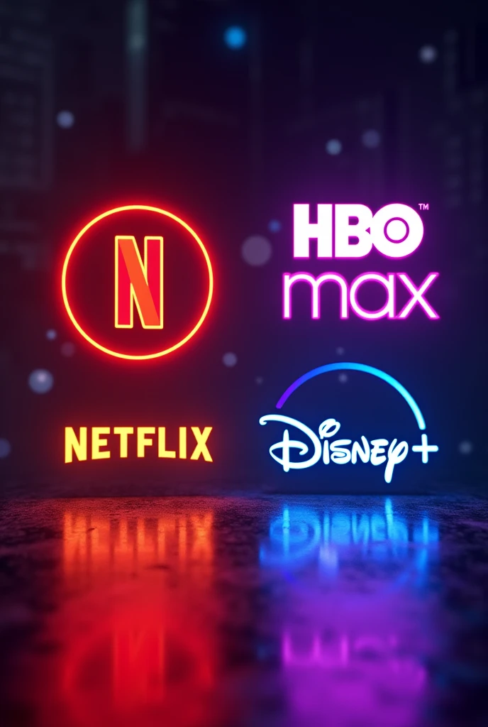 Netflix streaming logos in neon red,crunchyroll em laranja neon, Hbo max in neon purple, disney+ in neon blue